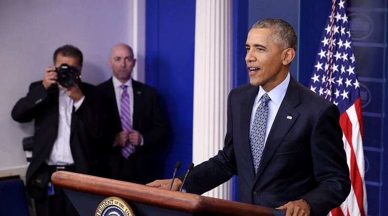 WASHINGTON, DC - JANUARY 18: U.S. President Barack Obama holds the last news conference of his presidency in the Brady Press Briefing Room at the White House January 18, 2017 in Washington, DC. This was Obama's final question-and-answer session with reporters before New York real estate mogul and reality television personality Donald Trump is sworn in as the 45th president of the United States on Friday. (Photo by Chip Somodevilla/Getty Images)