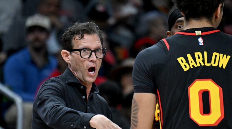Atlanta Hawks head coach Quin Snyder shouts instructions during the first half in an NBA basketball game at State Farm Arena, Wednesday, March 12, 2025, in Atlanta. (Hyosub Shin / AJC)