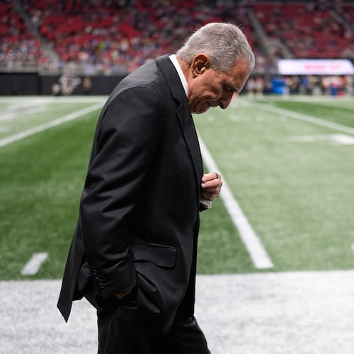 Atlanta Falcons owner Arthur Blank walks on the sideline during the second half of an NFL football game against the Seattle Seahawks, Sunday, Dec. 7, 2025, in Atlanta. The 37-9 loss to the Seahawks dropped the Falcons to 3-9 and ensured their eighth straight losing season. (Mike Stewart/AP)