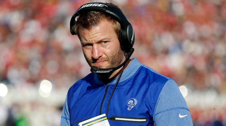 Los Angeles Rams head coach Sean McVay roams the sidelines in the first half against the San Francisco 49ers at the Los Angeles Memorial Coliseum on Sunday, Dec. 31, 2017. The 49ers won, 34-13. (Gary Coronado/Los Angeles Times/TNS)