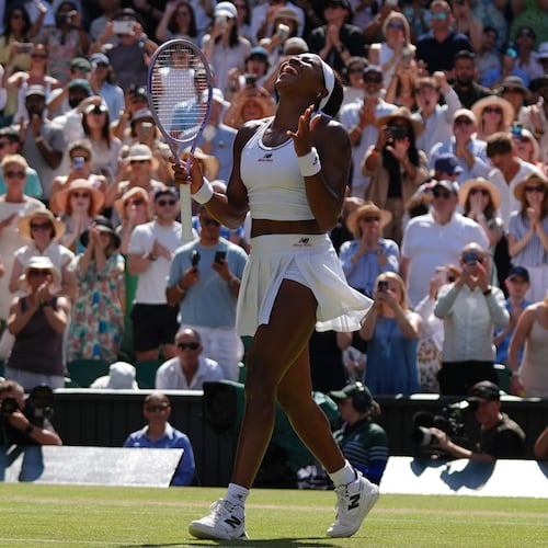 Coco Gauff of the United States celebrates winning the women's singles quarter-final match against Jessica Pegula of the United States at the Wimbledon Tennis Championships in London, Tuesday, July 7, 2026.(AP Photo/Maja Smiejkowska)