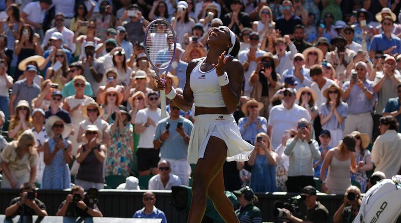 Coco Gauff of the United States celebrates winning the women's singles quarter-final match against Jessica Pegula of the United States at the Wimbledon Tennis Championships in London, Tuesday, July 7, 2026.(AP Photo/Maja Smiejkowska)