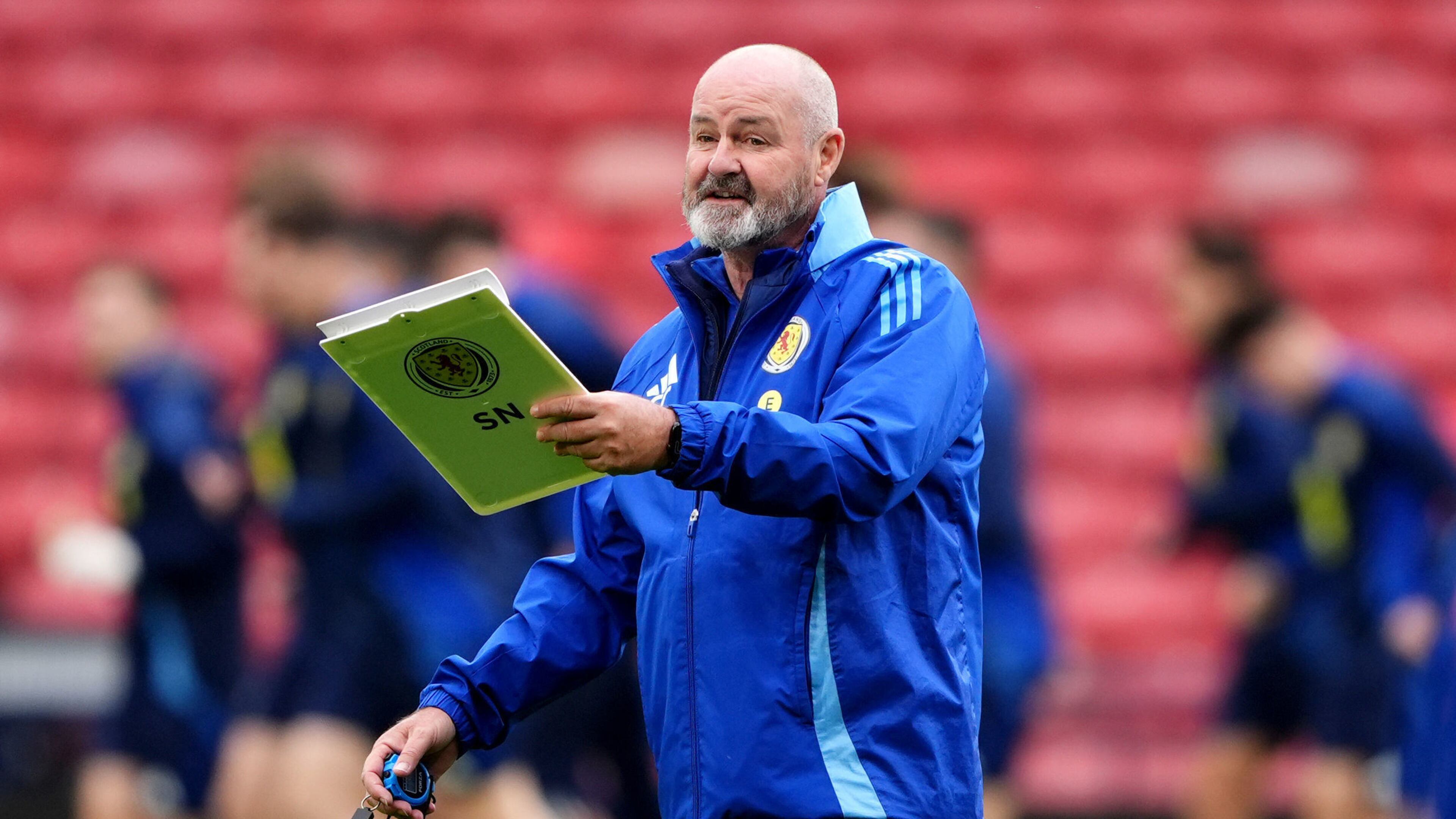 Scotland's manager Steve Clarke during a training session in Glasgow, Scotland, Wednesday, Oct. 8, 2025, ahead of the World Cup qualifying soccer match against Greece. (Andrew Milligan/PA via AP)
