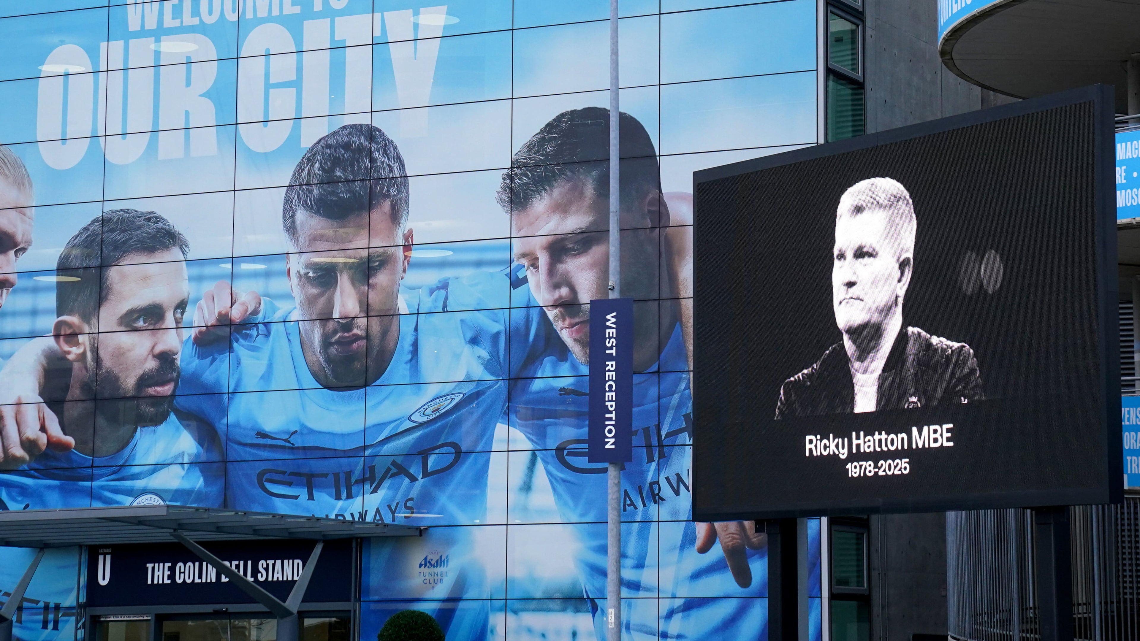 A view of a tribute at the Etihad Stadium, as a funeral service is taking place for Ricky Hatton at Manchester Cathedral in Manchester, England, Friday, Oct. 10, 2025. (Owen Humphreys/PA via AP)