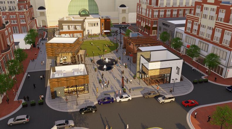 A rendering of the forthcoming Atlantic Green at the center of Atlantic Station, which will be bordered by Hobnob, Azotea Cantina and Envegan. COURTESY OF HINES