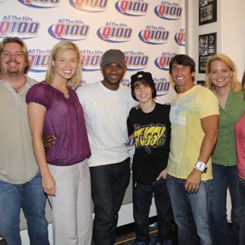 The Bert Show in 2011 (l-r):  Jeff Dauler, Jenn Hobby, Usher, Justin Bieber, Bert Weiss, Melissa Carter, Wendy Adams