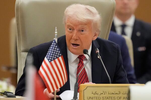 President Donald Trump speaks during the Gulf Cooperation Council (GCC) Summit in Riyadh, Saudi Arabia, Wednesday, May 14, 2025. (AP Photo/Alex Brandon)