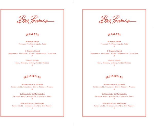 The menu for Bar Premio at Forth Hotel in Atlanta.