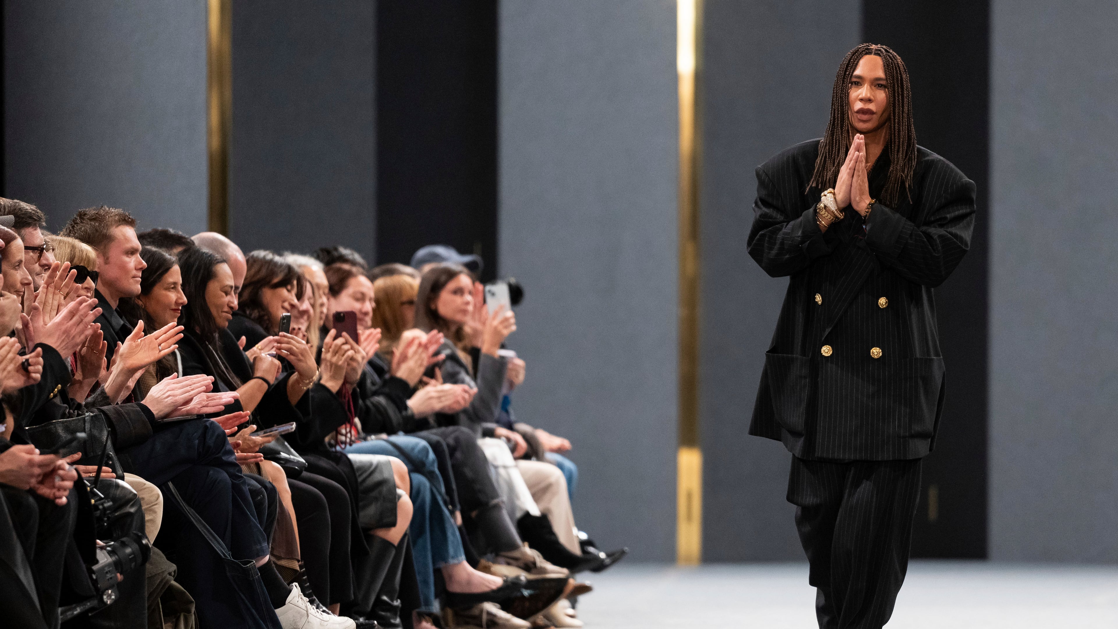 FILE - Designer Olivier Rousteing appears after the Balmain Fall/Winter 2025-2026 Womenswear collection is presented in Paris on March 5, 2025. (Photo by Scott A Garfitt/Invision/AP, File)