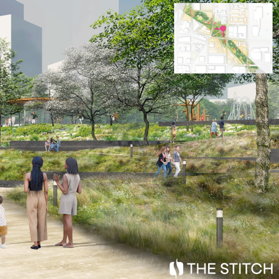 A native garden is planned for a portion of the Stitch that would cap the Downtown Connector, as shown in renderings. The park is aimed at reconnecting Atlanta neighborhoods and boosting economic development in the heart of the city. (Courtesy of Central Atlanta Progress)