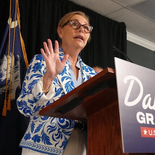 Sen. Darline Graham, R-S.C., speaks with reporters after advancing to a special GOP Senate primary runoff to replace Sen. Lindsey Graham, R-S.C., Tuesday, Aug. 11, 2026, in Columbia, S.C. (AP Photo/Meg Kinnard)