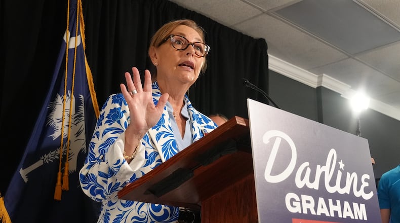 Sen. Darline Graham, R-S.C., speaks with reporters after advancing to a special GOP Senate primary runoff to replace Sen. Lindsey Graham, R-S.C., Tuesday, Aug. 11, 2026, in Columbia, S.C. (AP Photo/Meg Kinnard)