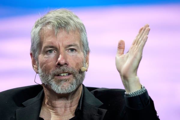 FILE - Michael Saylor, chairman and CEO of MicroStrategy, speaks during a panel discussion at the Bitcoin Conference, April 7, 2022, in Miami Beach, Fla. (AP Photo/Rebecca Blackwell, File)