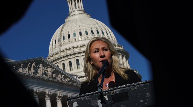 U.S. Rep. Marjorie Taylor Greene, R-Ga., speaks during a news conference outside the U.S. Capitol on Feb. 5, 2021, in Washington, D.C. Greene was one of three congressmen to vote against trade sanctions for Russia. (Drew Angerer/Getty Images/TNS)