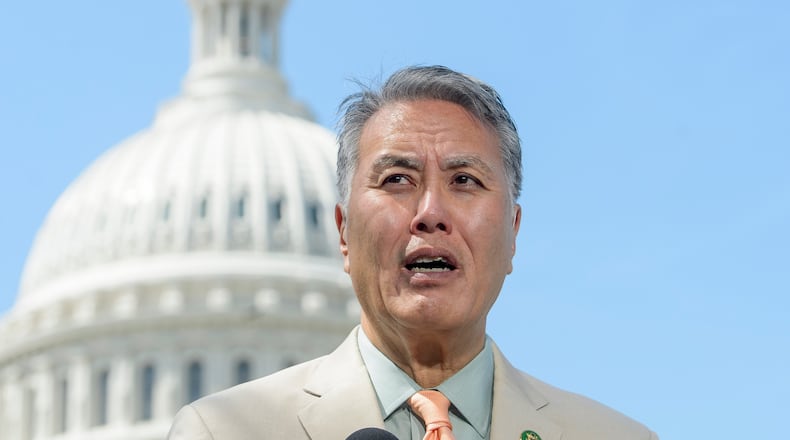 FILE - Rep. Mark Takano, D-Calif., speaks during a news conference on the Equality Act at the Capitol, April 29, 2025, in Washington. (AP Photo/Rod Lamkey, Jr., File)