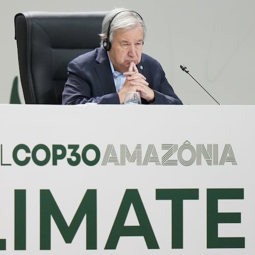 United Nations Secretary-General Antonio Guterres listens to Brazilian President Luiz Inacio Lula da Silva's speech at the COP30 U.N. Climate Summit in Belem, Brazil, Thursday, Nov. 6, 2025. (AP Photo/Fernando Llano)
