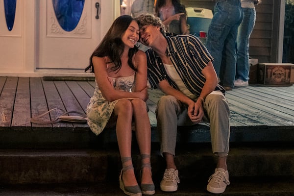 This image released by Prime shows Lola Tung, left, and Gavin Casalegno in a scene from "The Summer I Turned Pretty." (Erika Doss/Prime via AP)