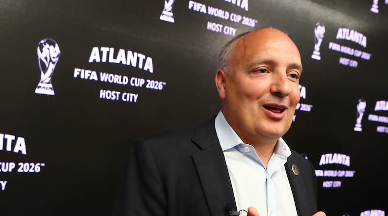 Darren Eales, President Atlanta United FC, takes questions during the host-city announcement press conference for the 2026 World Cup at Mercedes-Benz Stadium on Thursday, June 16, 2022, in Atlanta.     “Curtis Compton / Curtis.Compton@ajc.com”