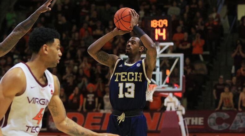 Curtis Haywood II of the Georgia Tech Yellow Jackets shoots the ball in the first half during the game against the Virginia Tech Hokies at Cassell Coliseum on February 13, 2019 in Blacksburg, Virginia. (Photo by Lauren Rakes/Getty Images)