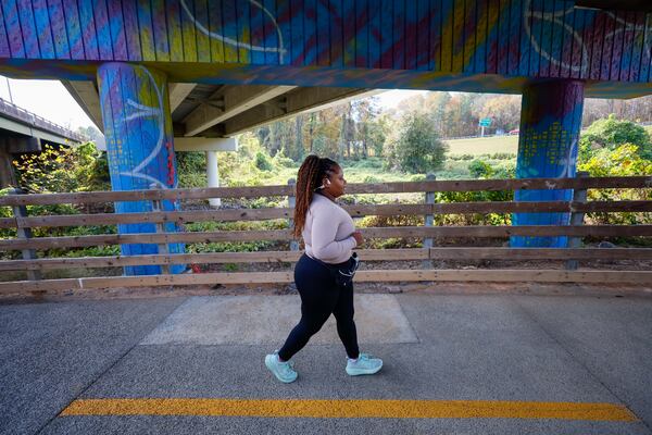 Tatiana O’Hara was spotted jogging along Noonday Trail near Aviation Park in Kennesaw as she prepares for a half marathon on Thanksgiving Day on Wednesday, November 27, 2024. As the founder of the Best for Last Run Club, O’Hara is positively impacting by building a supportive community. She actively shares her running journey through engaging videos on TikTok and Instagram,
(Miguel Martinez / AJC)