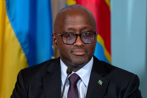 Rwanda's Foreign Minister Olivier Nduhungirehe attends a signing ceremony for a peace agreement between Rwanda and the Democratic Republic of the Congo at the State Department, Friday, June 27, 2025, in Washington. (AP Photo/Mark Schiefelbein)