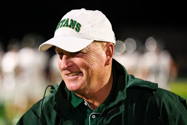 Blessed Trinity head coach Ed Dudley reacts during pregame warmups before the start of the second-round of the GHSA Class 4A state playoffs against Marist at Marist high school, Friday, Nov. 21, 2025, in Atlanta. (Colin Hubbard for the AJC)