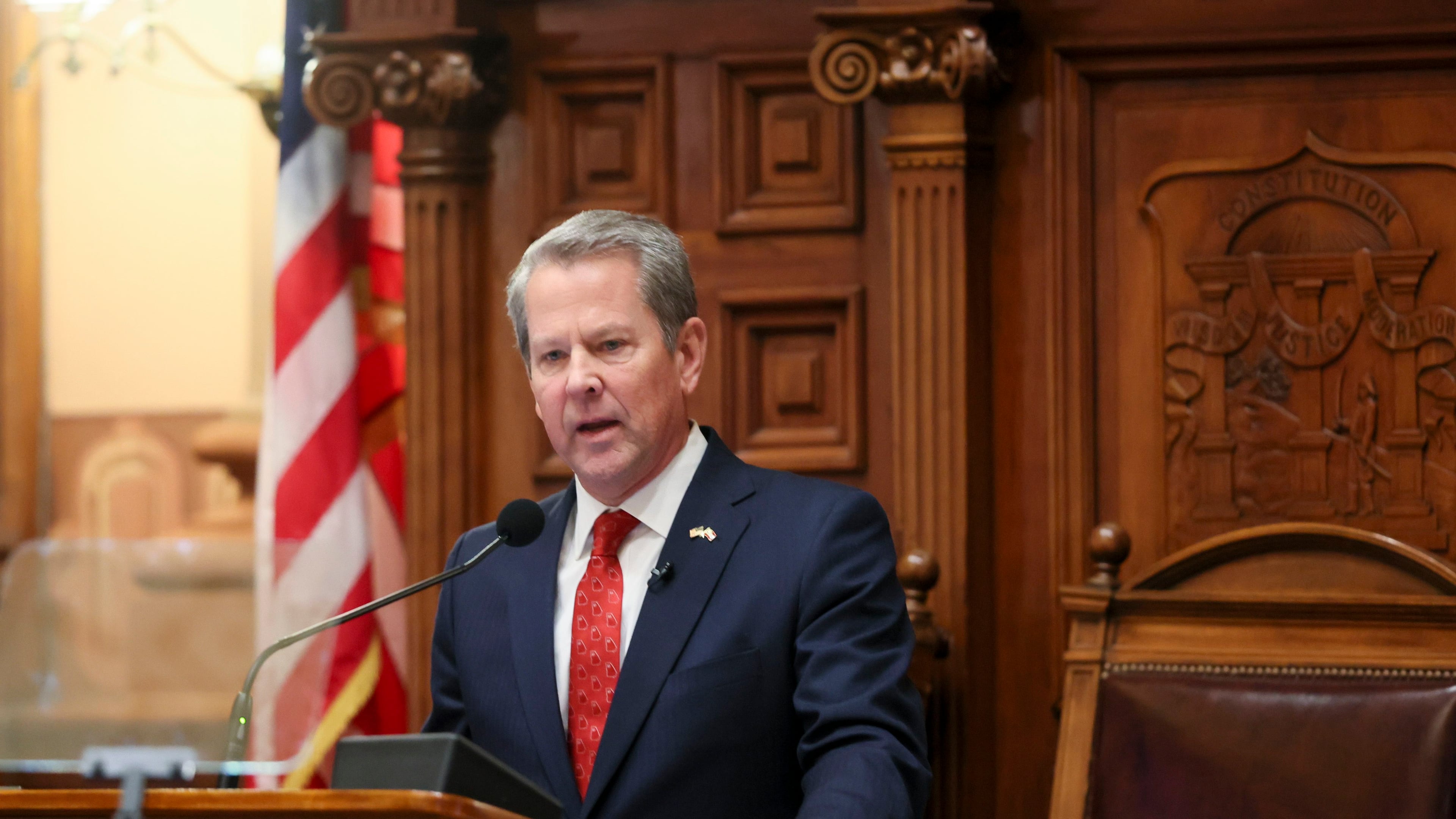 Gov. Brian Kemp delivers the state of the state address in the House of Representatives at the Georgia Capitol, Jan. 16, 2025, in Atlanta. (Jason Getz/The Atlanta Journal-Constitution/TNS) **This photo is to be used only with stories from The Atlanta Journal-Constitution.**