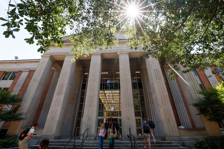 University of Georgia students are seen entering and leaving the main Library on the Athens campus on Monday, Sept. 8, 2025. (Miguel Martinez/AJC)