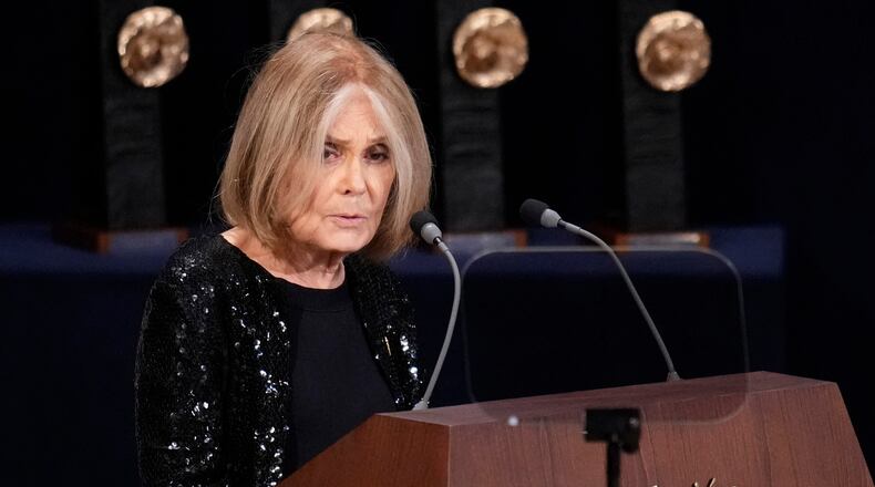 FILE - Gloria Steinem speaks during the 2021 Princess of Asturias Awards ceremony in Oviedo, northern Spain, Oct. 22, 2021. (AP Photo/Manu Fernandez, File)