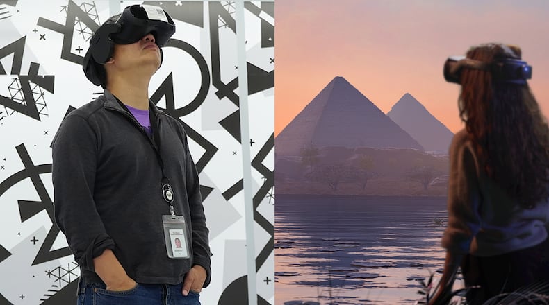 AJC reporter Rodney Ho (left) tries out the "Horizon of Khufu" immersive virtual reality experience and an image (right) of what a participant can see from inside the VR headset. ECLIPSO