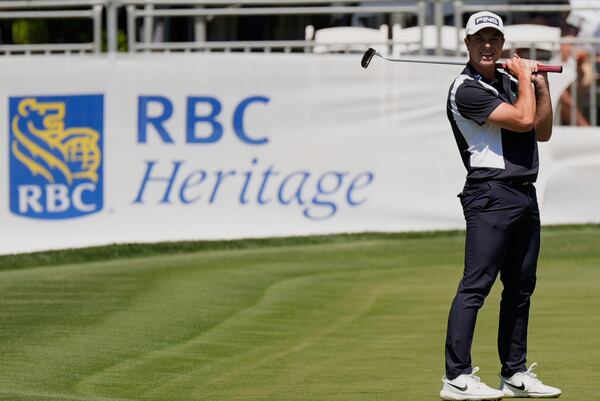 Viktor Hovland, reacts to his putt on the eighth hole during the first round of the RBC Heritage golf tournament, Thursday, April 17, 2025, in Hilton Head Island, S.C. (AP Photo/Mike Stewart)