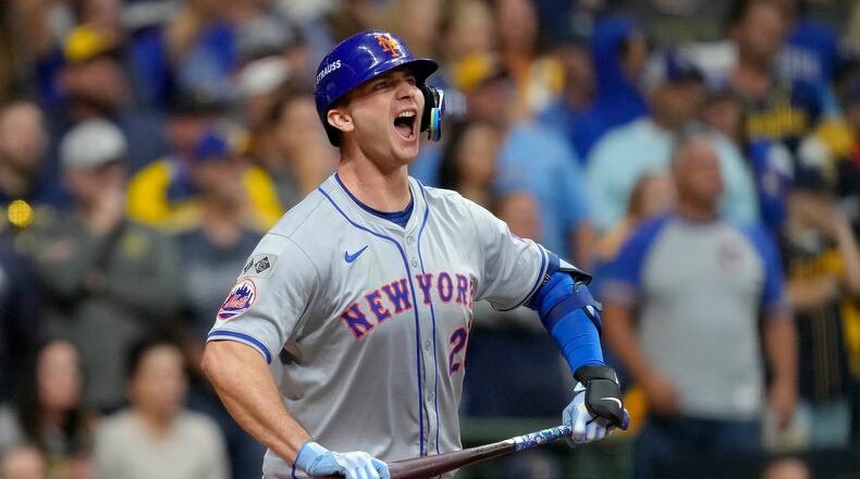 Pete Alonso of the New York Mets celebrates after hitting a home run in the ninth inning against the Milwaukee Brewers during Game 3 of the N.L. Wild Card series at American Family Field on Thursday, Oct. 3, 2024, in Milwaukee. (Patrick McDermott/Getty Images/TNS)