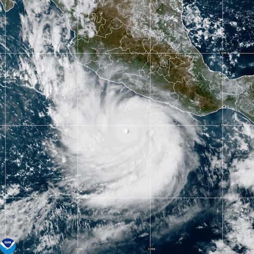 This photo provided by NOAA shows Hurricane Polo strengthening in the Pacific Ocean off the coast of Mexico on Tuesday, Sept. 22, 2026. (NOAA via AP)