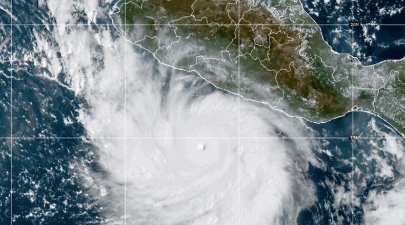 This photo provided by NOAA shows Hurricane Polo strengthening in the Pacific Ocean off the coast of Mexico on Tuesday, Sept. 22, 2026. (NOAA via AP)