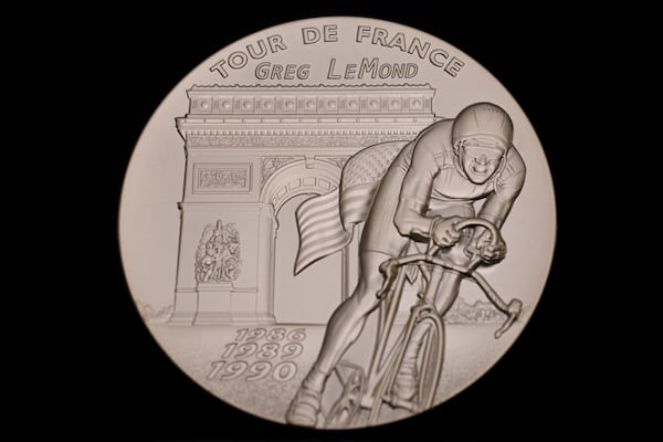 The Congressional Gold Medal, which was presented to three-time Tour de France winner Greg LeMond, during a ceremony at the Capitol, Wednesday, July 9, 2025, in Washington. (AP Photo/Rod Lamkey, Jr.)
