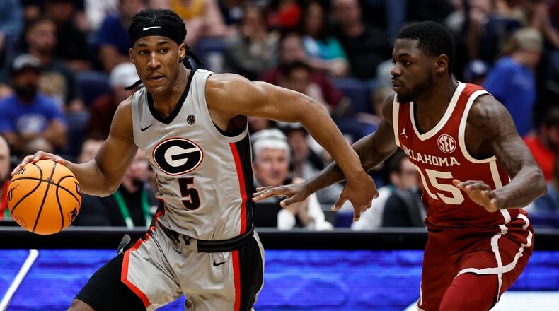 Georgia guard Silas Demary Jr. (5) led the Bulldogs with 24 points against Oklahoma at the SEC, Wednesday, March 12, 2025, in Nashville, Tenn. (AP Photo/Wade Payne)