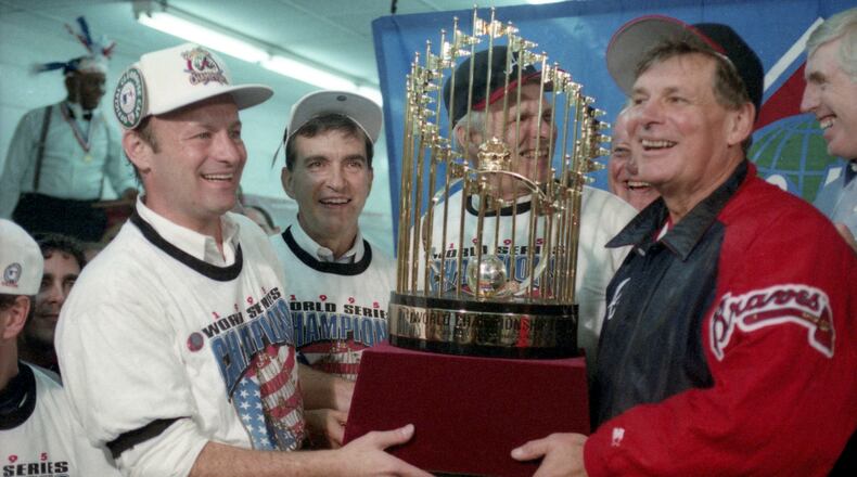 Identifier	AJCNL640-030c
Date of original	1995-10-28
Decade	1990s
Creator	Atlanta Journal-Constitution
Contributors	Tulis, David, 1958-
Description	Printed on negative envelope: "World Series Game 6- 2 of 3. 1995-10-28 J. Newton, Marlene K, D. Tulis, Frank N." Printed on assignment sheet: "Neg 17 Holding World Series trophy in locker room are, left to right: Stan Kasten, John Schuerholz, Ted Turner, and Bobby Cox"
Subject	Baseball managers
Baseball teams
Baseball team owners
Awards
Subject (names)	Atlanta Braves (Baseball team)
World Series (Baseball)
Cox, Bobby, 1941-
Turner, Ted
Schuerholz, John
Location depicted	Atlanta (Ga.)
Fulton County (Ga.)
Collection	Atlanta Journal-Constitution Photographic Archive
Curatorial area	Photographic Collections
Digital publisher	Georgia State University Library
Rights information	Copyright to items in this collection is owned by the Atlanta Journal-Constitution. Items may be used for scholarship, educational, and personal use. Additional uses will require permission of the rights holder.
Citation	AJCNL640-030c, Atlanta Journal-Constitution Photographic Archives. Special Collections and Archives, Georgia State University Library.
Source format	color negatives
Format	image/jp2
Type	Image