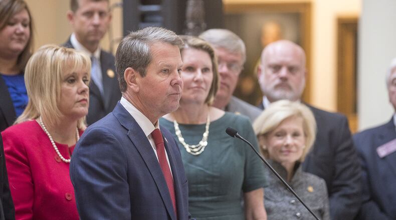 Gov. Brian Kemp speaks during a press conference to announce a proposed limited expansion of Medicaid in Georgia on November 4. (Alyssa Pointer/Atlanta Journal-Constitution)