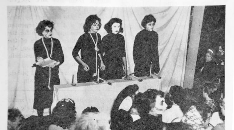 School newspaper coverage of “Rat Week” from the mid-1950’s at Wesleyan College shows students with painted faces and nooses around their necks. Ku Klux Klan symbols and rituals became incorporated into the school’s social life in the early 20th century. COPY PHOTO