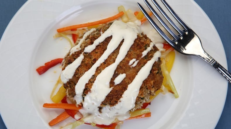 Crab cake from the Watercolour Grill at the Clearwater Beach Marriott Suites on Sand Key was photographed at the Los Angeles Times studio on September 13, 2017. (Glenn Koenig/Los Angeles Times/TNS)