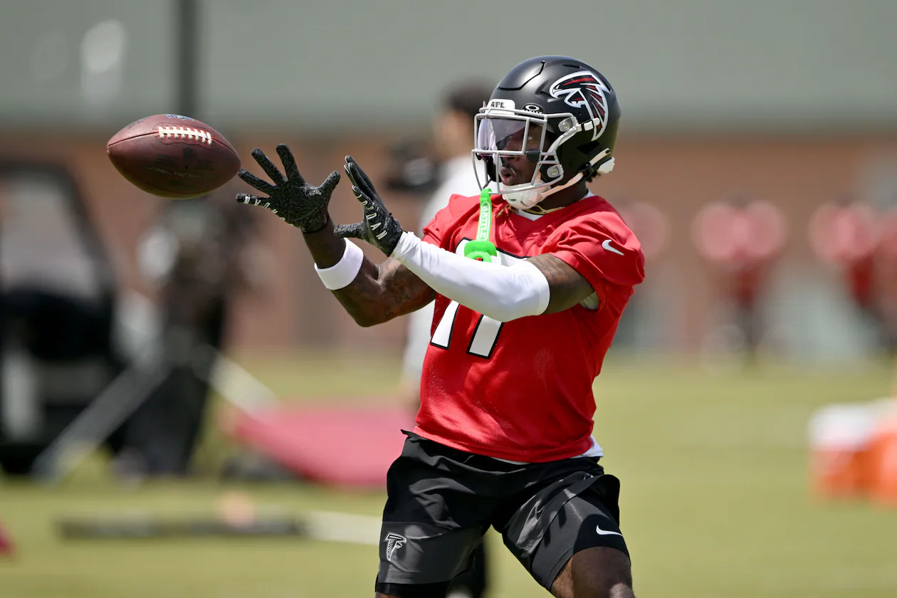 Falcons rookie wide receiver Zachariah Branch runs a drill during rookie minicamp at the team’s training facility on Friday, May 8, 2026, in Flowery Branch. (Hyosub Shin/AJC)