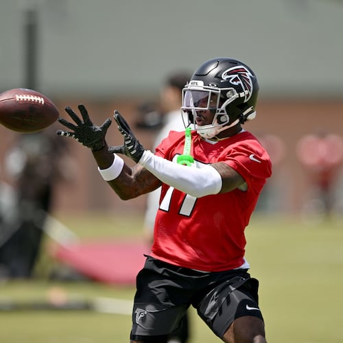Falcons rookie wide receiver Zachariah Branch runs a drill during rookie minicamp at the team’s training facility on Friday, May 8, 2026, in Flowery Branch. (Hyosub Shin/AJC)