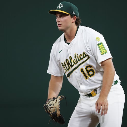 FILE - Athletics first baseman Nick Kurtz waits for the pitch during the fourth inning of a baseball game against the Houston Astros, Tuesday, Sept. 23, 2025, in West Sacramento, Calif. (AP Photo/Scott Marshall, file)