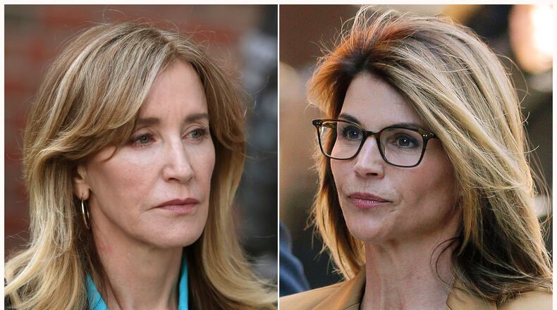 Felicity Huffman, left, and Lori Loughlin outside of federal court in Boston on April 3, where they faced charges in a nationwide college admissions bribery scandal.