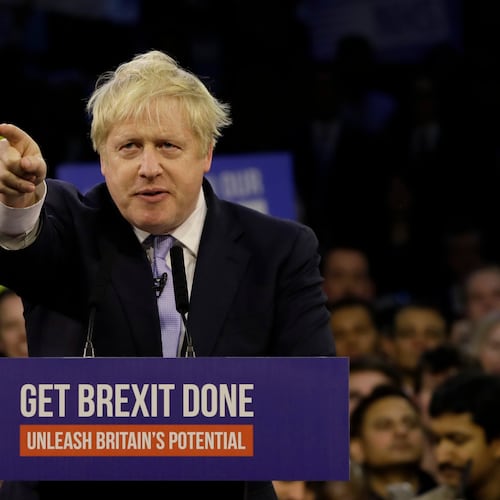 FILE - Britain's Prime Minister Boris Johnson speaks during his ruling Conservative Party's final election campaign rally at the Copper Box Arena in London, Wednesday, Dec. 11, 2019. (AP Photo/Kirsty Wigglesworth, File)