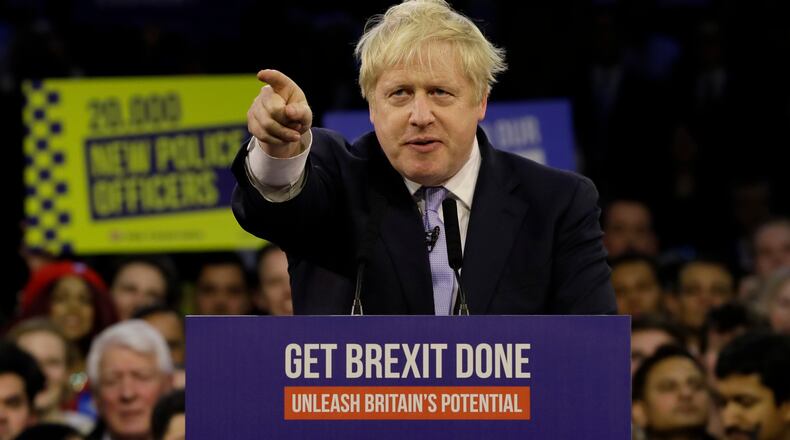 FILE - Britain's Prime Minister Boris Johnson speaks during his ruling Conservative Party's final election campaign rally at the Copper Box Arena in London, Wednesday, Dec. 11, 2019. (AP Photo/Kirsty Wigglesworth, File)