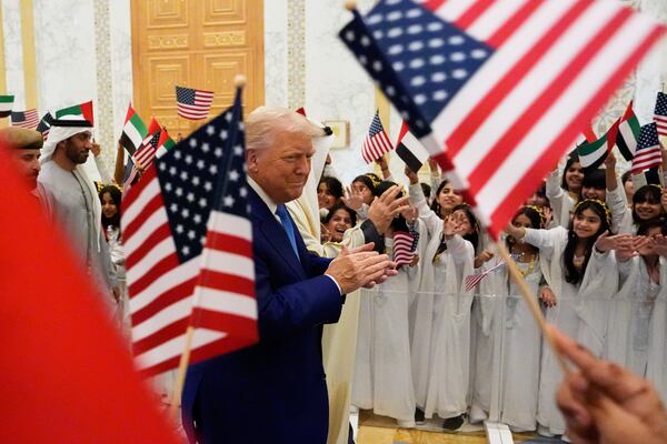 President Donald Trump and UAE President Mohammed bin Zayed Al Nahyan arrive at Qasr Al Watan, Thursday, May 15, 2025, in Abu Dhabi, United Arab Emirates. (AP Photo/Alex Brandon)