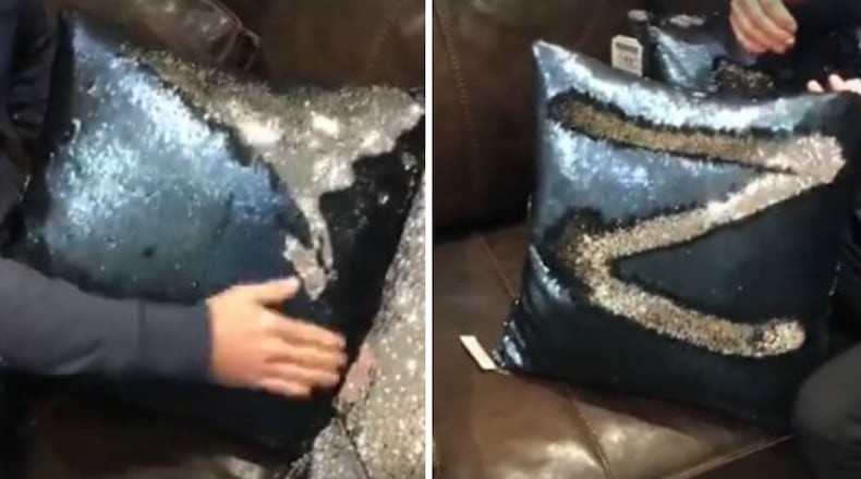 Steve Noviello helped discover the color-changing pillows, which have been referred to as "mermaid pillows." One side has silver sequins, and the other side has blue ones. (Facebook/Steve Noviello)