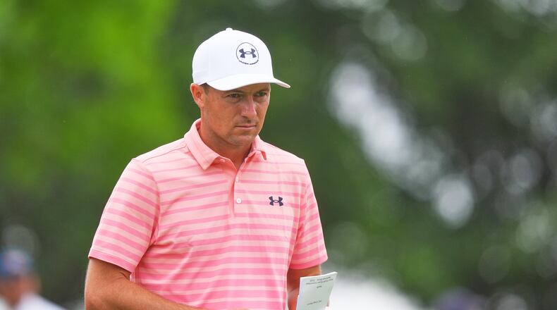 Jordan Spieth looks up as he walks from the 11th tee box during the first round of the Byron Nelson golf tournament in McKinney, Texas, Thursday, May 21, 2026. (AP Photo/LM Otero)