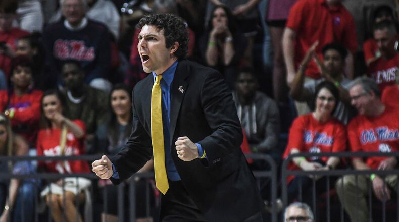 Georgia Tech head coach Josh Pastner reacts during an NCAA college basketball game in the quarterfinals of the NIT against Mississippi on Tuesday, March 21, 2017, in Oxford, Miss. (Bruce Newman/The Oxford Eagle via AP)